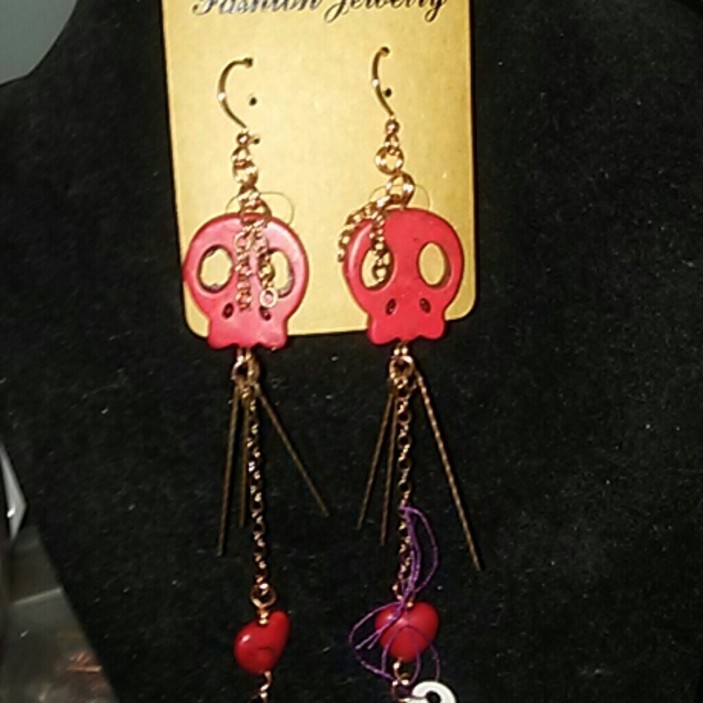 Stone red skull earring hooks 3.5 approx